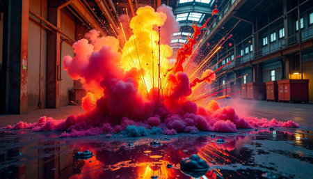 Dramatic explosion of colorful powder in industrial warehouse setting