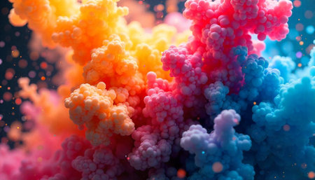 Abstract colorful explosion of small spheres in gradient colorsの写真素材