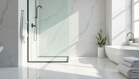 Bright contemporary bathroom featuring minimalist shower and standalone tub