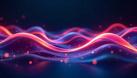 Abstract wavy background with glowing particles and light effects