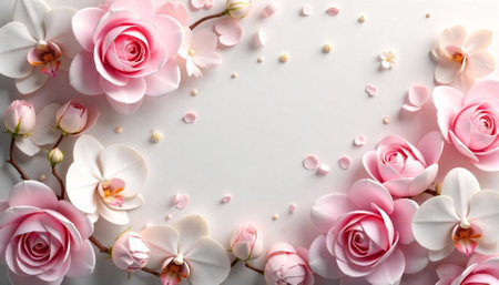 Elegant floral arrangement of roses and orchids on white backgroundの写真素材