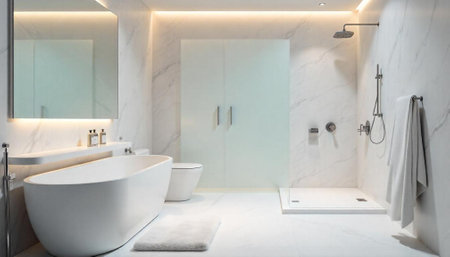 Modern bathroom featuring a sleek bathtub and shower area