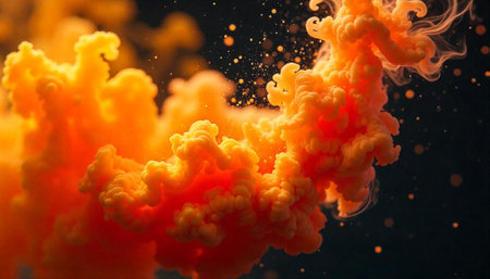 Vibrant orange cloud rising against dark background with bokeh lightsの写真素材