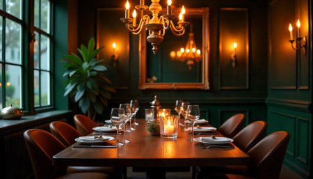 Elegant dining room with candlelight and refined table settingの写真素材