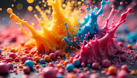 Colorful paint explosions and spheres creating abstract artの写真素材