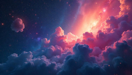 Pink and blue dreamy nebula with clouds and stars