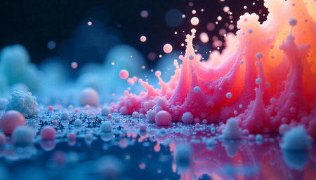 Abstract splash with droplets of color and dreamy reflectionsの写真素材