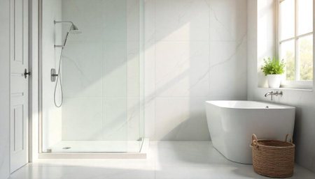 Minimalist bathroom with marble tiles and natural light source