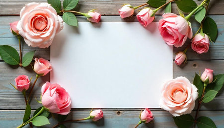 Pink roses arrangement framing a blank white card surfaceの写真素材