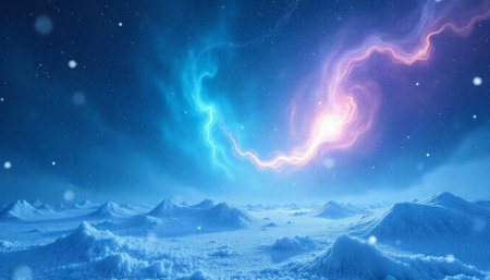 Frozen landscape with aurora borealis and snowfall in winter