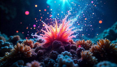 Vibrant Coral Reef Ecosystem with Light Bursting from Above