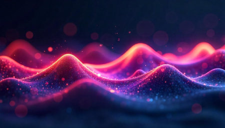 Abstract Glowing Waves with Particles on Dark Background Design