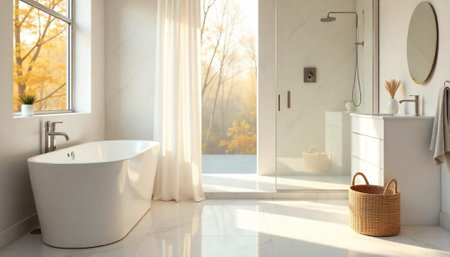 Bright modern bathroom interior with freestanding tub and sunlightの写真素材