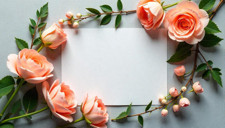 Peach roses framing white paper against a gray backgroundの写真素材
