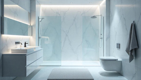 Modern bathroom interior with white marble and glass showers