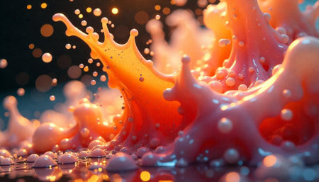 Abstract liquid splash with bubbles against dark backgroundの写真素材