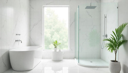 Modern minimalist bathroom interior design with natural light and plants