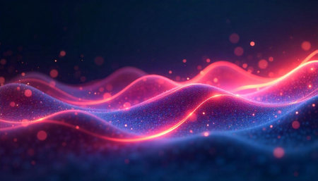 Abstract wavy surface with luminous lines and glowing particles