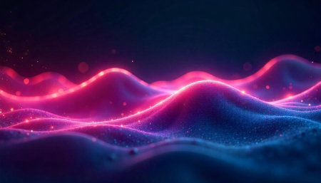 Abstract glowing wavy landscape in pink and blue huesの写真素材