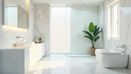 Bright and modern bathroom featuring marble walls and sleek fixtures