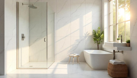 Bright bathroom interior with marble tiles and natural light