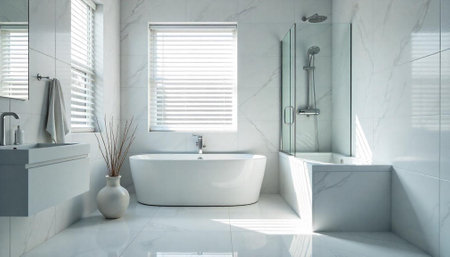 Bright modern bathroom featuring white marble and natural light