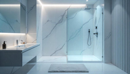 Modern minimalist bathroom interior with marble wall and shower cabin