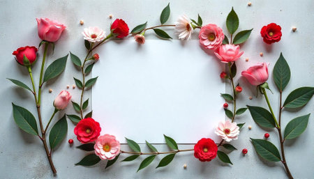 Floral frame with roses and blank paper sheet insideの写真素材