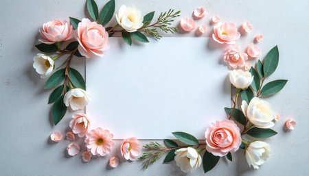 Floral frame of pink and white flowers with leaves