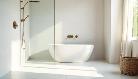 Modern minimalist bathroom with freestanding tub and bronze fixtures