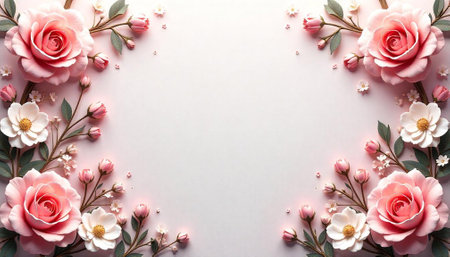 Elegant floral arrangement of roses and blossoms on pink backgroundの写真素材