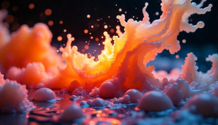 Abstract fluid splash on dark background with vibrant colorsの写真素材