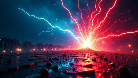 Vibrant lightning strikes over urban landscape at night time
