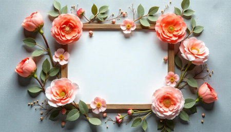 Elegant floral frame with peach roses and copy space