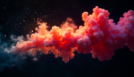 Abstract pink cloud with golden sparkles against a dark backgroundの写真素材