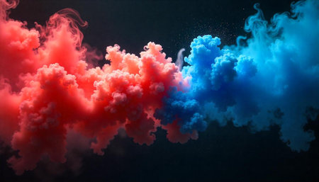 Abstract red and blue smoke background with dark backdropの写真素材