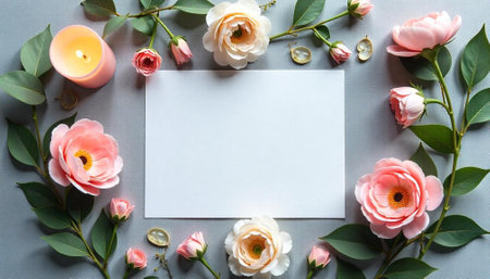 Floral stationery mockup with roses and candle on gray
