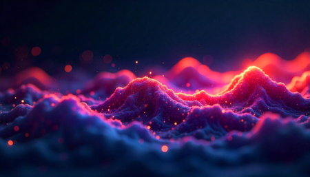 Abstract landscape with glowing particles and vibrant color paletteの写真素材