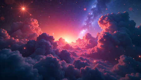 Pink clouds meet starry sky cosmic dreamscape illustrationの写真素材