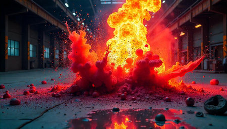 Fiery explosion in industrial setting with spherical objects scatteredの写真素材