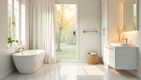 Bright and minimalist bathroom interior design with garden viewの写真素材