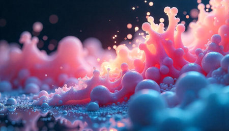 Abstract bubble landscape with pink and blue neon colorsの写真素材