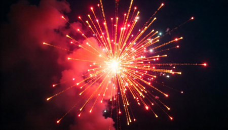 Bursting fireworks in night sky celebration with red smoke