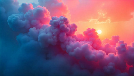 Dramatic sunrise sky with pink and blue cotton clouds