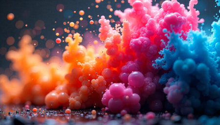 Colorful abstract cloud of spheres colliding and bursting outwardの写真素材
