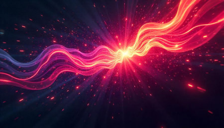 Abstract energy beam radiating light and particles in spaceの写真素材