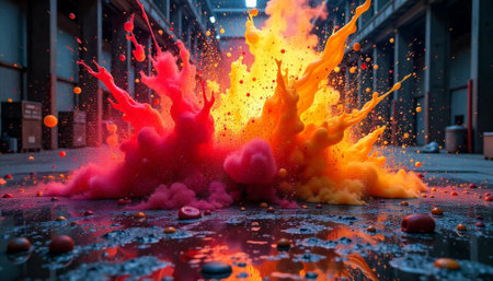 Exploding colors collision painting in industrial settingの写真素材