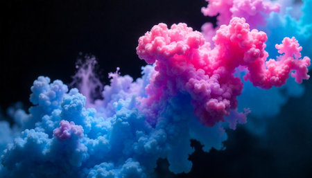 Abstract pink and blue smoke cloud on black backgroundの写真素材