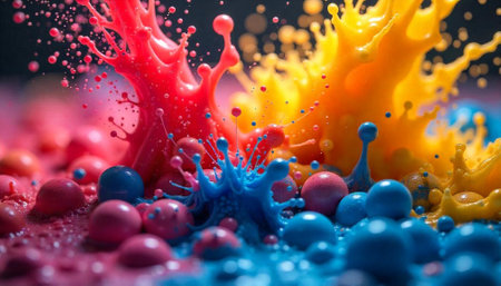 Colorful liquids collision and bursting in vibrant hues, macroの写真素材