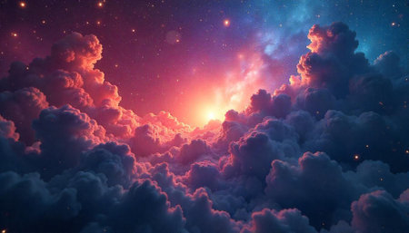 Dramatic sky view filled with colorful clouds and starlight